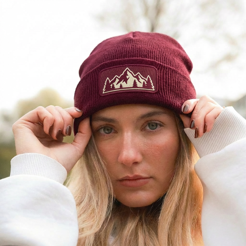 Model trägt unser Box-Patch Beanie mit einem Beispiellogo